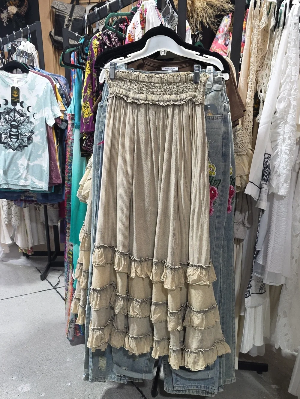 Young Threads Latte Boho Cream Maxi Skirt with Layered Ruffles